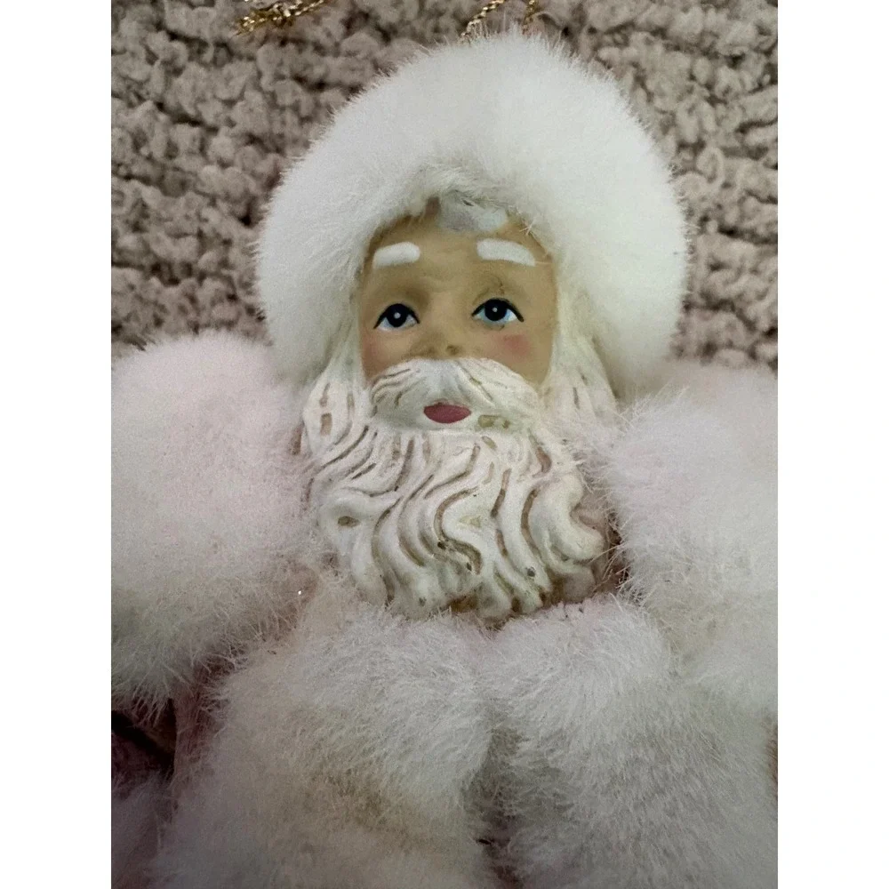 Vintage Pink Velvet Santa Claus Christmas Ornament Faux Fur Trim 7.5 Inch